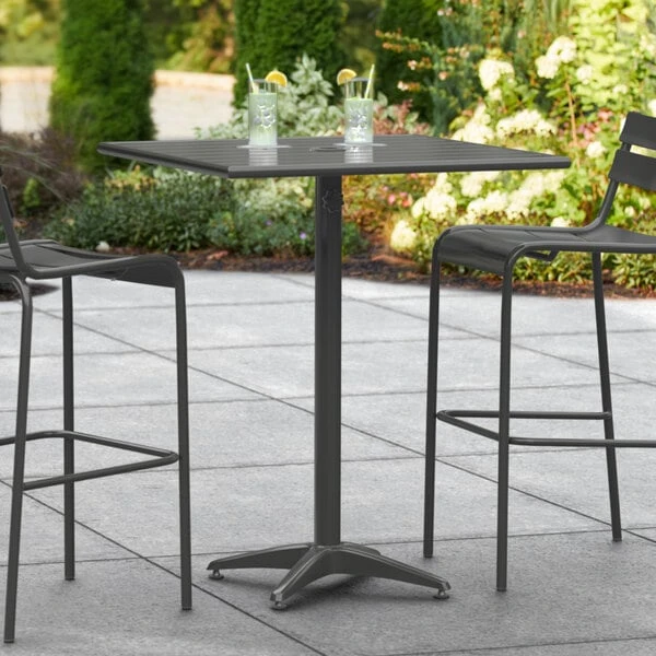 Lancaster Table & Seating 32" X 32" Black Powder-Coated Aluminum Bar Height Outdoor Table With Umbrella Hole 1 Lancaster Table & Seating 32" X 32" Black Powder-Coated Aluminum Bar Height Outdoor Table With Umbrella Hole