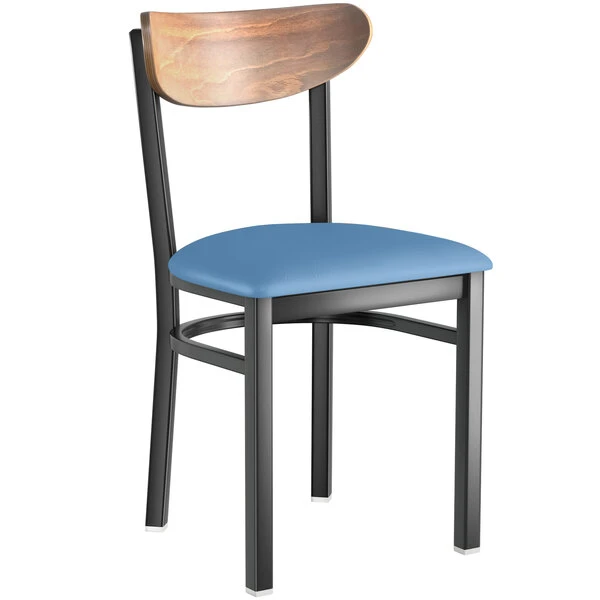 LT&S Boomerang Series Lancaster Table & Seating Boomerang Black Finish Chair With 2 1/2" Blue Vinyl Padded Seat And Vintage Wood Back 2 LT&S Boomerang Series Lancaster Table & Seating Boomerang Black Finish Chair With 2 1/2" Blue Vinyl Padded Seat And Vintage Wood Back - Image 2