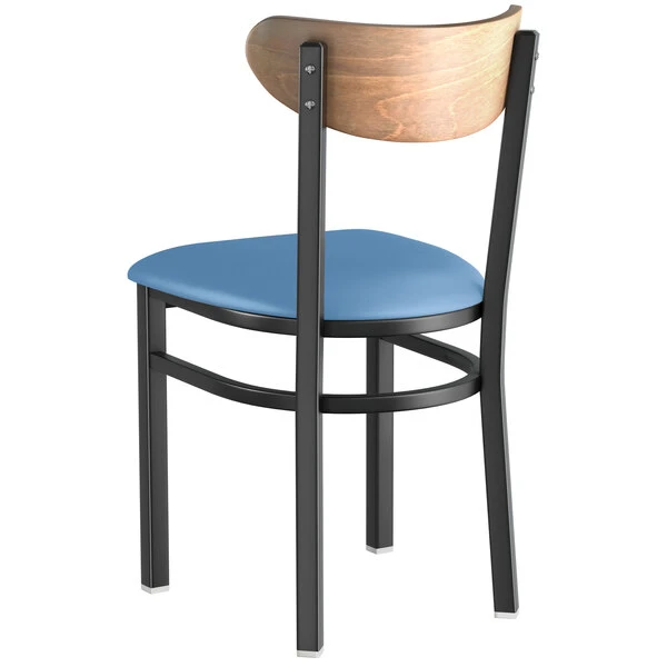 LT&S Boomerang Series Lancaster Table & Seating Boomerang Black Finish Chair With 2 1/2" Blue Vinyl Padded Seat And Vintage Wood Back 3 LT&S Boomerang Series Lancaster Table & Seating Boomerang Black Finish Chair With 2 1/2" Blue Vinyl Padded Seat And Vintage Wood Back - Image 3