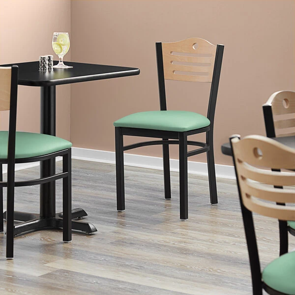 Lancaster Table & Seating Natural Finish Bistro Dining Chair With 2 1/2" Seafoam Vinyl Padded Seat 1 Lancaster Table & Seating Natural Finish Bistro Dining Chair With 2 1/2" Seafoam Vinyl Padded Seat