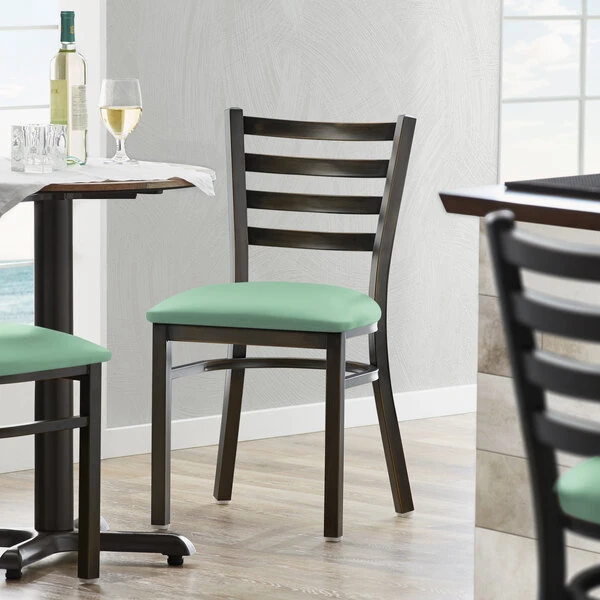Lancaster Table & Seating Distressed Copper Finish Ladder Back Chair With 2 1/2" Seafoam Vinyl Padded Seat 1 Lancaster Table & Seating Distressed Copper Finish Ladder Back Chair With 2 1/2" Seafoam Vinyl Padded Seat