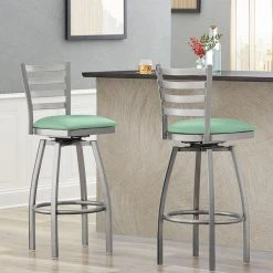 Lancaster Table & Seating Clear Coat Finish Ladder Back Swivel Bar Stool With 2 1/2" Seafoam Vinyl Padded Seat