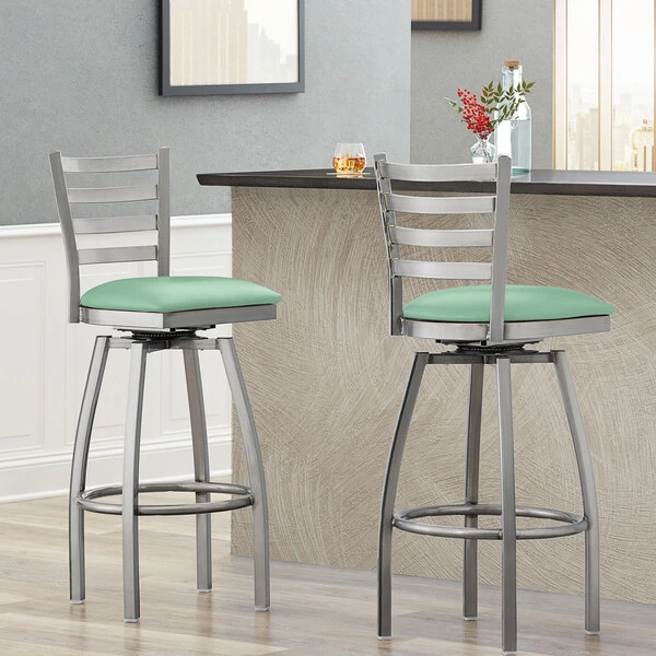 Lancaster Table & Seating Clear Coat Finish Ladder Back Swivel Bar Stool With 2 1/2" Seafoam Vinyl Padded Seat 1 Lancaster Table & Seating Clear Coat Finish Ladder Back Swivel Bar Stool With 2 1/2" Seafoam Vinyl Padded Seat