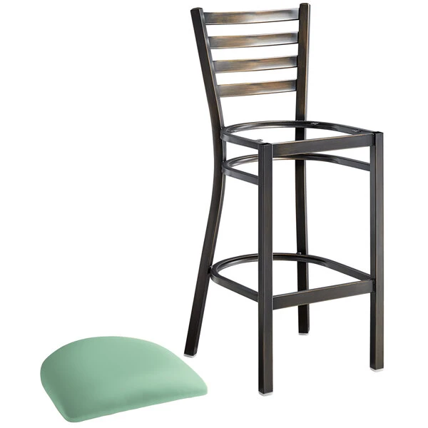 Lancaster Table & Seating Distressed Copper Finish Ladder Back Bar Stool With 2 1/2" Seafoam Vinyl Padded Seat 4 Lancaster Table & Seating Distressed Copper Finish Ladder Back Bar Stool With 2 1/2" Seafoam Vinyl Padded Seat - Image 4