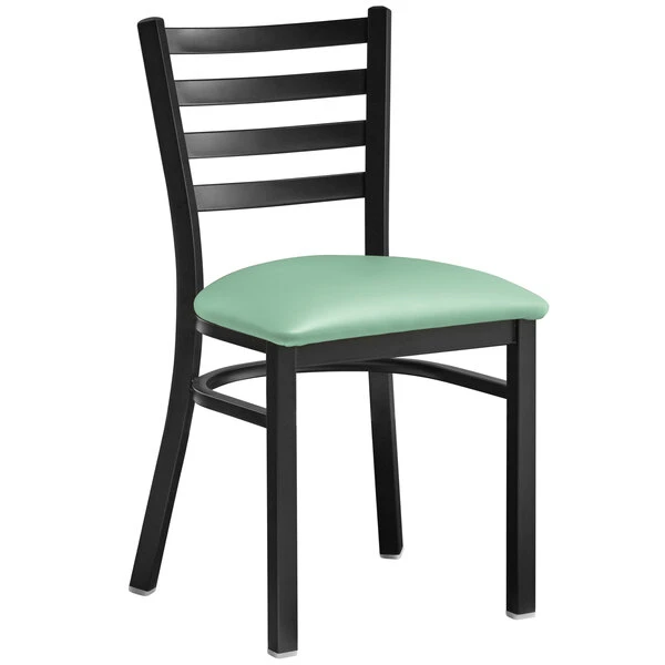 Lancaster Table & Seating Black Finish Ladder Back Chair With 2 1/2" Seafoam Vinyl Padded Seat 2 Lancaster Table & Seating Black Finish Ladder Back Chair With 2 1/2" Seafoam Vinyl Padded Seat - Image 2