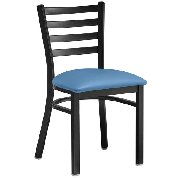 Lancaster Table & Seating Black Finish Ladder Back Chair With 2 1/2" Blue Vinyl Padded Seat 2 Lancaster Table & Seating Black Finish Ladder Back Chair With 2 1/2" Blue Vinyl Padded Seat - Image 2