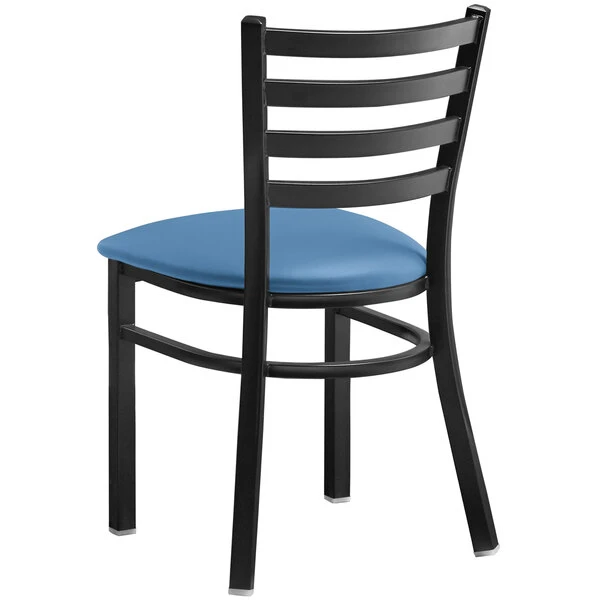 Lancaster Table & Seating Black Finish Ladder Back Chair With 2 1/2" Blue Vinyl Padded Seat 3 Lancaster Table & Seating Black Finish Ladder Back Chair With 2 1/2" Blue Vinyl Padded Seat - Image 3