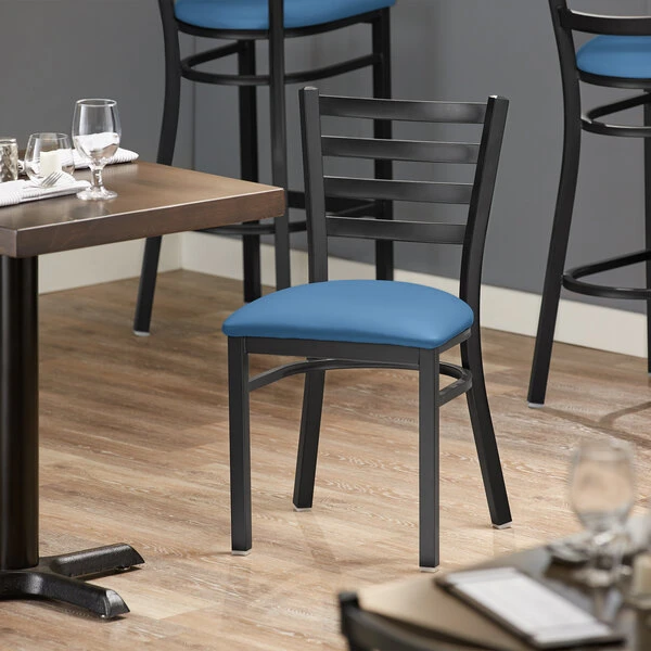 Lancaster Table & Seating Black Finish Ladder Back Chair With 2 1/2" Blue Vinyl Padded Seat 1 Lancaster Table & Seating Black Finish Ladder Back Chair With 2 1/2" Blue Vinyl Padded Seat
