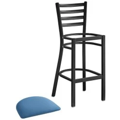 Lancaster Table & Seating Black Finish Ladder Back Bar Stool With 2 1/2" Blue Vinyl Padded Seat -Zown Shop 2298280