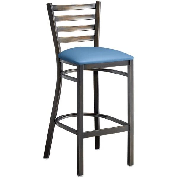 Lancaster Table & Seating Distressed Copper Finish Ladder Back Bar Stool With 2 1/2" Blue Vinyl Padded Seat 2 Lancaster Table & Seating Distressed Copper Finish Ladder Back Bar Stool With 2 1/2" Blue Vinyl Padded Seat - Image 2