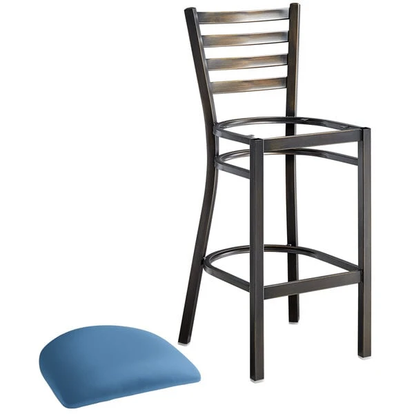 Lancaster Table & Seating Distressed Copper Finish Ladder Back Bar Stool With 2 1/2" Blue Vinyl Padded Seat 4 Lancaster Table & Seating Distressed Copper Finish Ladder Back Bar Stool With 2 1/2" Blue Vinyl Padded Seat - Image 4