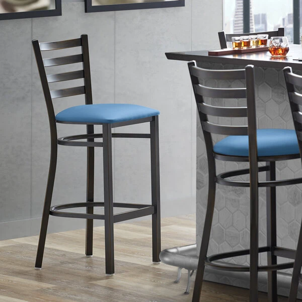 Lancaster Table & Seating Distressed Copper Finish Ladder Back Bar Stool With 2 1/2" Blue Vinyl Padded Seat 1 Lancaster Table & Seating Distressed Copper Finish Ladder Back Bar Stool With 2 1/2" Blue Vinyl Padded Seat