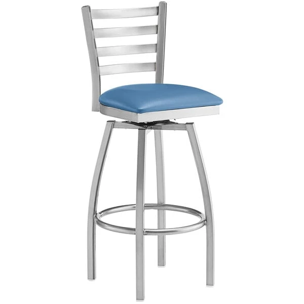 Lancaster Table & Seating Clear Coat Finish Ladder Back Swivel Bar Stool With 2 1/2" Blue Vinyl Padded Seat 2 Lancaster Table & Seating Clear Coat Finish Ladder Back Swivel Bar Stool With 2 1/2" Blue Vinyl Padded Seat - Image 2