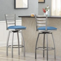 Lancaster Table & Seating Clear Coat Finish Ladder Back Swivel Bar Stool With 2 1/2" Blue Vinyl Padded Seat