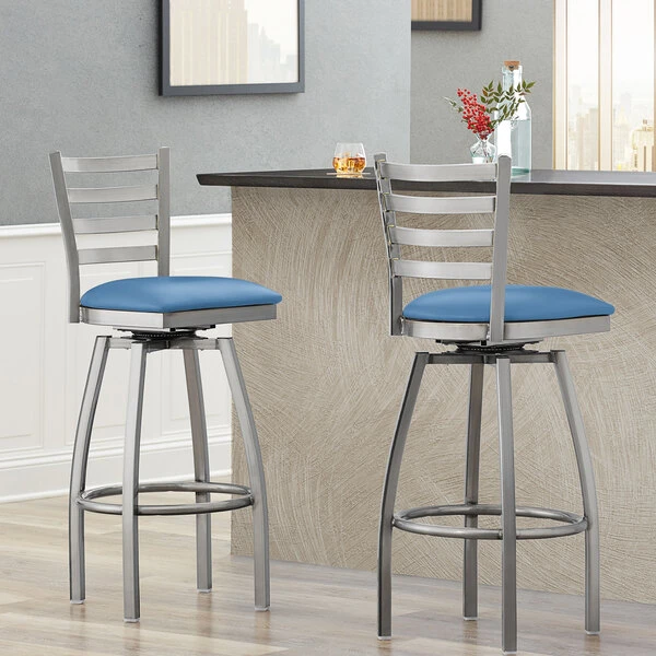 Lancaster Table & Seating Clear Coat Finish Ladder Back Swivel Bar Stool With 2 1/2" Blue Vinyl Padded Seat 1 Lancaster Table & Seating Clear Coat Finish Ladder Back Swivel Bar Stool With 2 1/2" Blue Vinyl Padded Seat