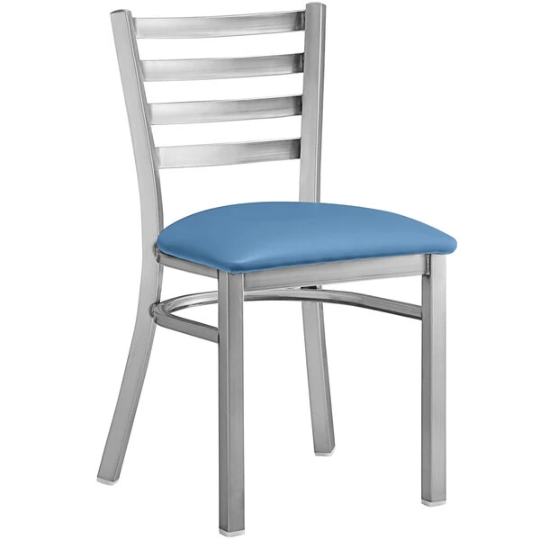 Lancaster Table & Seating Clear Coat Finish Ladder Back Chair With 2 1/2" Blue Vinyl Padded Seat 2 Lancaster Table & Seating Clear Coat Finish Ladder Back Chair With 2 1/2" Blue Vinyl Padded Seat - Image 2