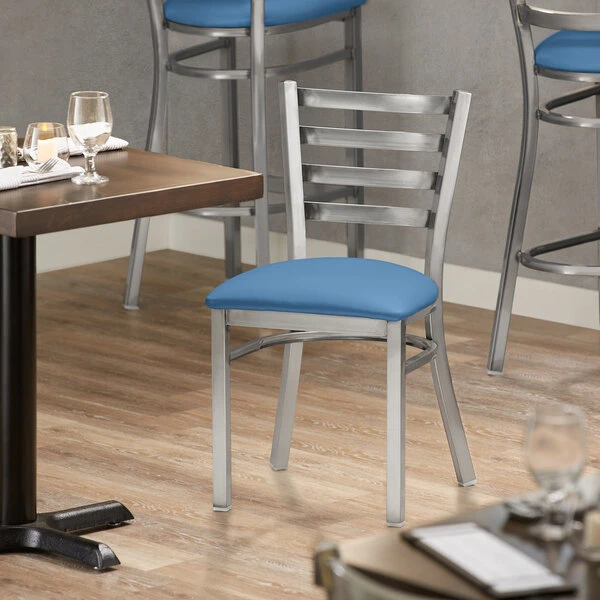Lancaster Table & Seating Clear Coat Finish Ladder Back Chair With 2 1/2" Blue Vinyl Padded Seat 1 Lancaster Table & Seating Clear Coat Finish Ladder Back Chair With 2 1/2" Blue Vinyl Padded Seat
