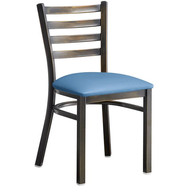 Lancaster Table & Seating Distressed Copper Finish Ladder Back Chair With 2 1/2" Blue Vinyl Padded Seat 2 Lancaster Table & Seating Distressed Copper Finish Ladder Back Chair With 2 1/2" Blue Vinyl Padded Seat - Image 2