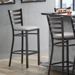 Lancaster Table & Seating Distressed Copper Finish Ladder Back Bar Stool With 2 1/2" Light Gray Vinyl Padded Seat