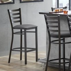 Lancaster Table & Seating Distressed Copper Finish Ladder Back Bar Stool With 2 1/2" Dark Gray Vinyl Padded Seat