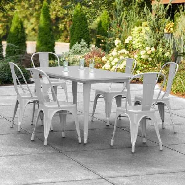 LT&S Alloy Series Lancaster Table & Seating Alloy Series 63" X 32" Silver Dining Height Outdoor Table With 6 Industrial Cafe Chairs 1 LT&S Alloy Series Lancaster Table & Seating Alloy Series 63" X 32" Silver Dining Height Outdoor Table With 6 Industrial Cafe Chairs