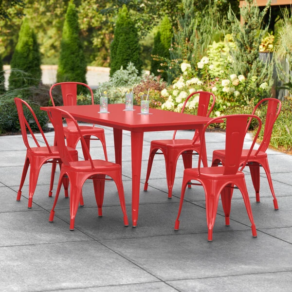 LT&S Alloy Series Lancaster Table & Seating Alloy Series 63" X 32" Red Dining Height Outdoor Table With 6 Industrial Cafe Chairs 1 LT&S Alloy Series Lancaster Table & Seating Alloy Series 63" X 32" Red Dining Height Outdoor Table With 6 Industrial Cafe Chairs