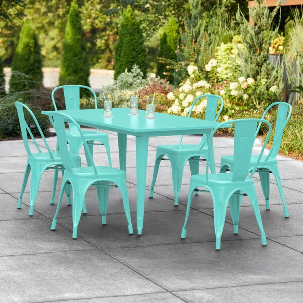 LT&S Alloy Series Lancaster Table & Seating Alloy Series 63" X 32" Seafoam Dining Height Outdoor Table With 6 Industrial Cafe Chairs 1 LT&S Alloy Series Lancaster Table & Seating Alloy Series 63" X 32" Seafoam Dining Height Outdoor Table With 6 Industrial Cafe Chairs