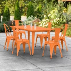 LT&S Alloy Series Lancaster Table & Seating Alloy Series 63" X 32" Orange Dining Height Outdoor Table With 6 Industrial Cafe Chairs