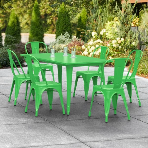 LT&S Alloy Series Lancaster Table & Seating Alloy Series 63" X 32" Green Dining Height Outdoor Table With 6 Industrial Cafe Chairs 1 LT&S Alloy Series Lancaster Table & Seating Alloy Series 63" X 32" Green Dining Height Outdoor Table With 6 Industrial Cafe Chairs