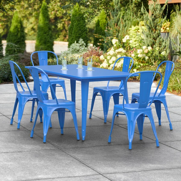 LT&S Alloy Series Lancaster Table & Seating Alloy Series 63" X 32" Blue Dining Height Outdoor Table With 6 Industrial Cafe Chairs 1 LT&S Alloy Series Lancaster Table & Seating Alloy Series 63" X 32" Blue Dining Height Outdoor Table With 6 Industrial Cafe Chairs