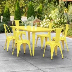 LT&S Alloy Series Lancaster Table & Seating Alloy Series 63" X 32" Yellow Dining Height Outdoor Table With 6 Industrial Cafe Chairs