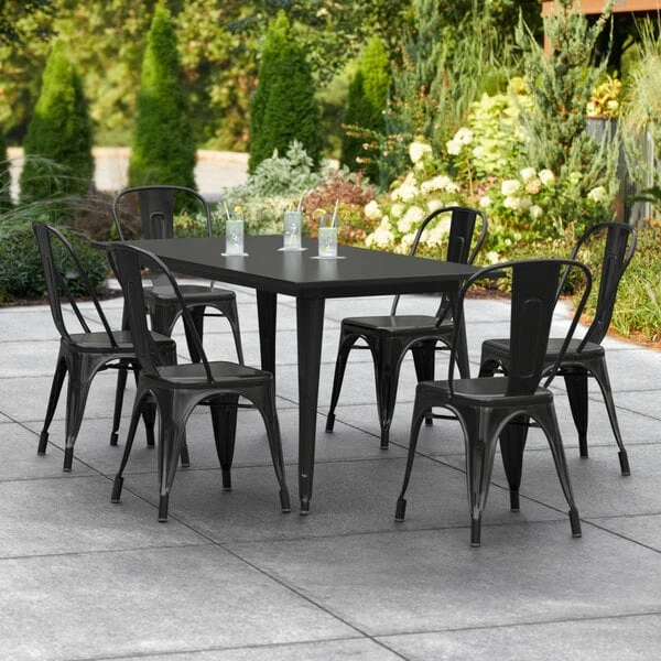 LT&S Alloy Series Lancaster Table & Seating Alloy Series 63" X 32" Black Dining Height Outdoor Table With 6 Industrial Cafe Chairs 1 LT&S Alloy Series Lancaster Table & Seating Alloy Series 63" X 32" Black Dining Height Outdoor Table With 6 Industrial Cafe Chairs