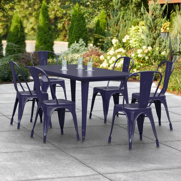 LT&S Alloy Series Lancaster Table & Seating Alloy Series 63" X 32" Navy Dining Height Outdoor Table With 6 Industrial Cafe Chairs 1 LT&S Alloy Series Lancaster Table & Seating Alloy Series 63" X 32" Navy Dining Height Outdoor Table With 6 Industrial Cafe Chairs