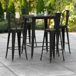 LT&S Alloy Series Lancaster Table & Seating Alloy Series 32" X 32" Black Outdoor Bar Height Table With 4 Metal Cafe Bar Stools