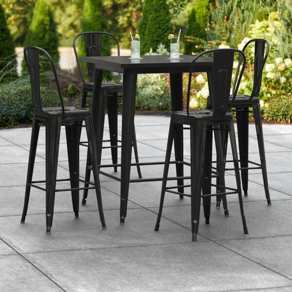 LT&S Alloy Series Lancaster Table & Seating Alloy Series 32" X 32" Black Outdoor Bar Height Table With 4 Metal Cafe Bar Stools 1 LT&S Alloy Series Lancaster Table & Seating Alloy Series 32" X 32" Black Outdoor Bar Height Table With 4 Metal Cafe Bar Stools