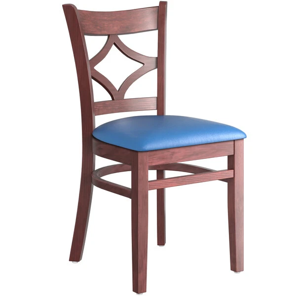 Lancaster Table & Seating Mahogany Finish Wooden Diamond Back Chair With Blue Padded Seat 1 Lancaster Table & Seating Mahogany Finish Wooden Diamond Back Chair With Blue Padded Seat