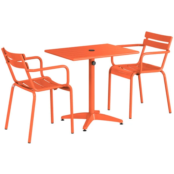 Lancaster Table & Seating 24" X 32" Orange Powder-Coated Aluminum Standard Height Outdoor Table With Umbrella Hole And 2 Arm Chairs 2 Lancaster Table & Seating 24" X 32" Orange Powder-Coated Aluminum Standard Height Outdoor Table With Umbrella Hole And 2 Arm Chairs - Image 2