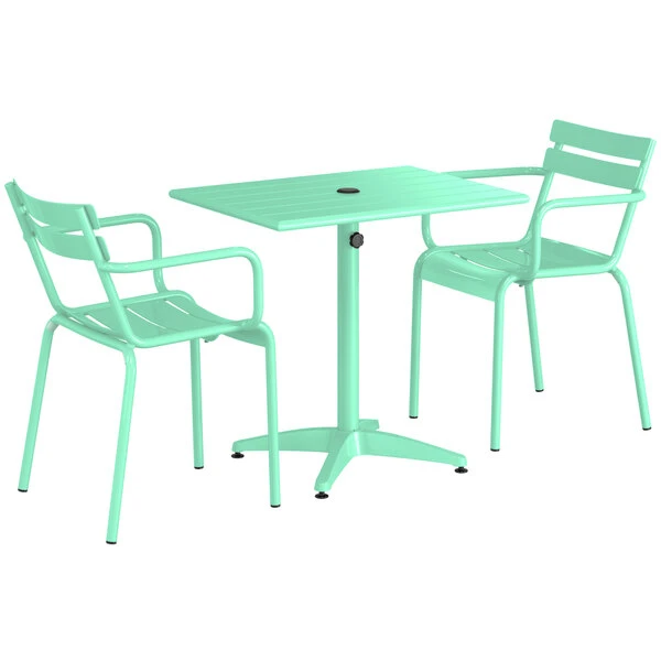 Lancaster Table & Seating 24" X 32" Seafoam Powder-Coated Aluminum Standard Height Outdoor Table With Umbrella Hole And 2 Arm Chairs 2 Lancaster Table & Seating 24" X 32" Seafoam Powder-Coated Aluminum Standard Height Outdoor Table With Umbrella Hole And 2 Arm Chairs - Image 2