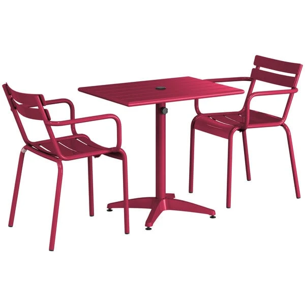 Lancaster Table & Seating 24" X 32" Sangria Powder-Coated Aluminum Standard Height Outdoor Table With Umbrella Hole And 2 Arm Chairs 2 Lancaster Table & Seating 24" X 32" Sangria Powder-Coated Aluminum Standard Height Outdoor Table With Umbrella Hole And 2 Arm Chairs - Image 2