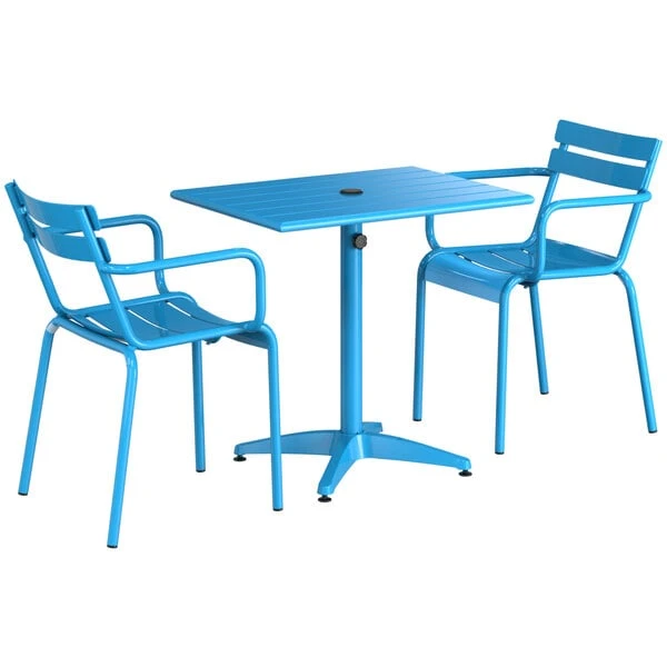 Lancaster Table & Seating 24" X 32" Blue Powder-Coated Aluminum Dining Height Outdoor Table With Umbrella Hole And 2 Arm Chairs 2 Lancaster Table & Seating 24" X 32" Blue Powder-Coated Aluminum Dining Height Outdoor Table With Umbrella Hole And 2 Arm Chairs - Image 2
