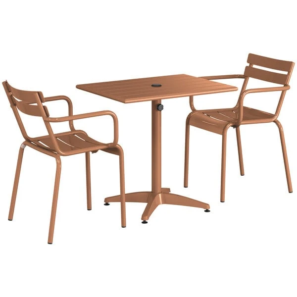 Lancaster Table & Seating 24" X 32" Brown Powder-Coated Aluminum Dining Height Outdoor Table With Umbrella Hole And 2 Arm Chairs 2 Lancaster Table & Seating 24" X 32" Brown Powder-Coated Aluminum Dining Height Outdoor Table With Umbrella Hole And 2 Arm Chairs - Image 2