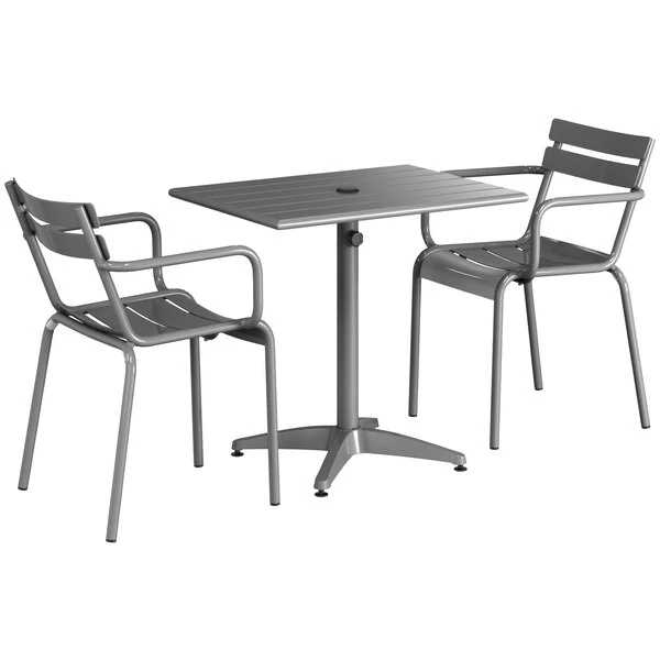 Lancaster Table & Seating 24" X 32" Matte Gray Powder-Coated Aluminum Dining Height Outdoor Table With Umbrella Hole And 2 Arm Chairs 2 Lancaster Table & Seating 24" X 32" Matte Gray Powder-Coated Aluminum Dining Height Outdoor Table With Umbrella Hole And 2 Arm Chairs - Image 2
