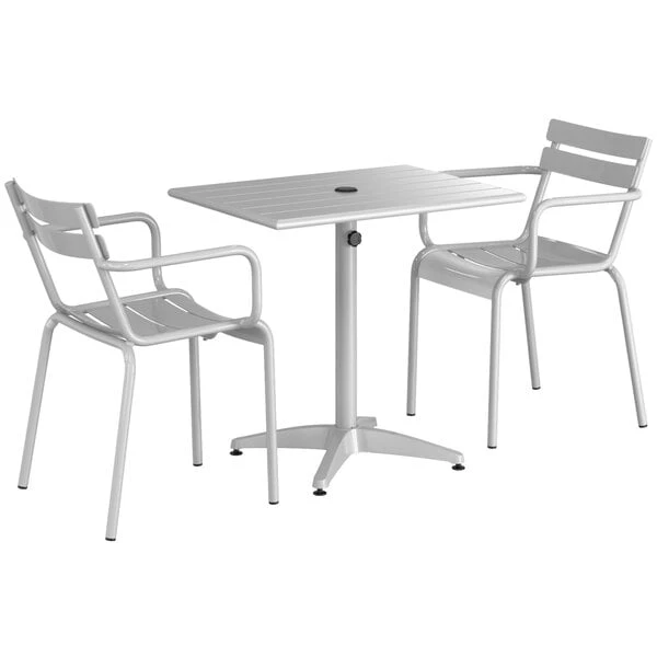 Lancaster Table & Seating 24" X 32" Silver Powder-Coated Aluminum Dining Height Outdoor Table With Umbrella Hole And 2 Arm Chairs 2 Lancaster Table & Seating 24" X 32" Silver Powder-Coated Aluminum Dining Height Outdoor Table With Umbrella Hole And 2 Arm Chairs - Image 2