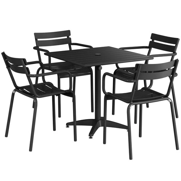 Lancaster Table & Seating 32" X 32" Black Powder-Coated Aluminum Standard Height Outdoor Table With Umbrella Hole And 4 Arm Chairs 2 Lancaster Table & Seating 32" X 32" Black Powder-Coated Aluminum Standard Height Outdoor Table With Umbrella Hole And 4 Arm Chairs - Image 2