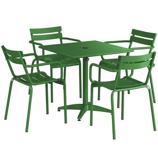 Lancaster Table & Seating 32" X 32" Green Powder-Coated Aluminum Standard Height Outdoor Table With Umbrella Hole And 4 Arm Chairs 2 Lancaster Table & Seating 32" X 32" Green Powder-Coated Aluminum Standard Height Outdoor Table With Umbrella Hole And 4 Arm Chairs - Image 2