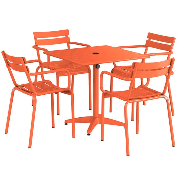 Lancaster Table & Seating 32" X 32" Orange Powder-Coated Aluminum Standard Height Outdoor Table With Umbrella Hole And 4 Arm Chairs 2 Lancaster Table & Seating 32" X 32" Orange Powder-Coated Aluminum Standard Height Outdoor Table With Umbrella Hole And 4 Arm Chairs - Image 2