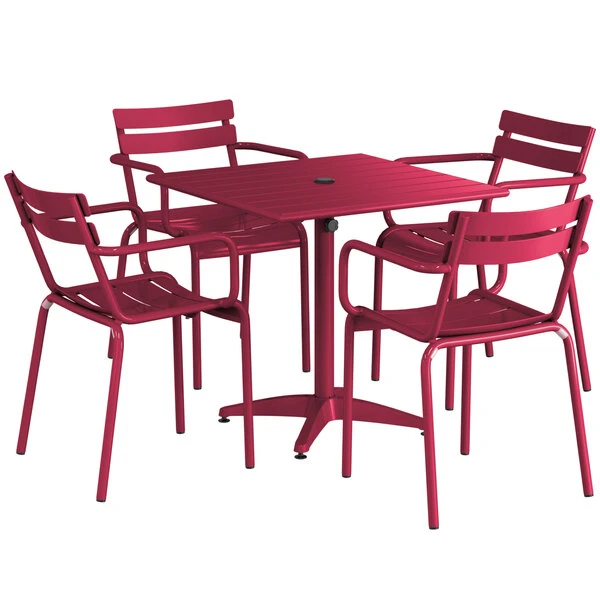 Lancaster Table & Seating 32" X 32" Sangria Powder-Coated Aluminum Standard Height Outdoor Table With Umbrella Hole And 4 Arm Chairs 2 Lancaster Table & Seating 32" X 32" Sangria Powder-Coated Aluminum Standard Height Outdoor Table With Umbrella Hole And 4 Arm Chairs - Image 2