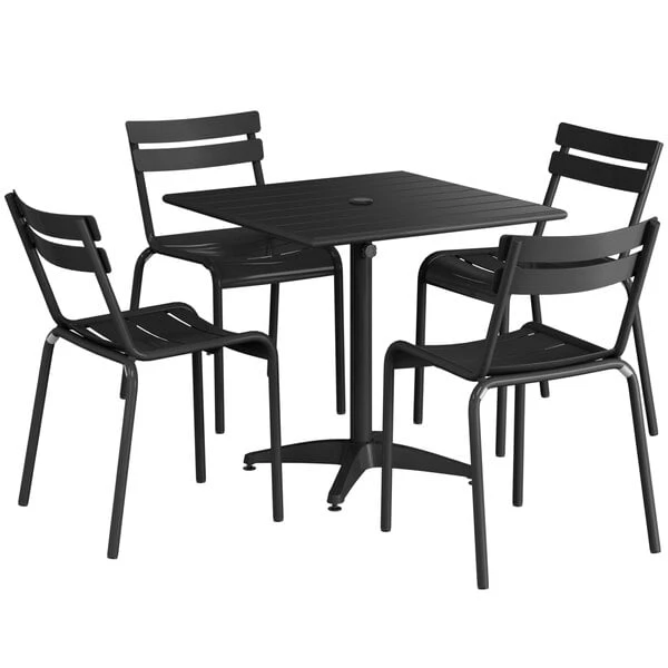 Lancaster Table & Seating 32" X 32" Black Powder-Coated Aluminum Standard Height Outdoor Table With Umbrella Hole And 4 Side Chairs 2 Lancaster Table & Seating 32" X 32" Black Powder-Coated Aluminum Standard Height Outdoor Table With Umbrella Hole And 4 Side Chairs - Image 2