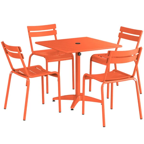 Lancaster Table & Seating 32" X 32" Orange Powder-Coated Aluminum Standard Height Outdoor Table With Umbrella Hole And 4 Side Chairs 2 Lancaster Table & Seating 32" X 32" Orange Powder-Coated Aluminum Standard Height Outdoor Table With Umbrella Hole And 4 Side Chairs - Image 2