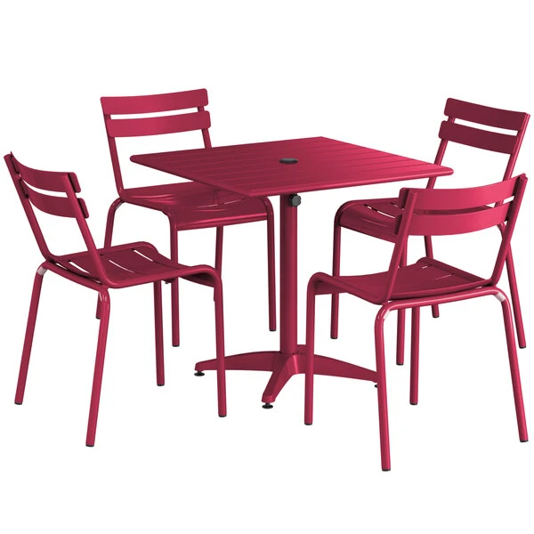 Lancaster Table & Seating 32" X 32" Sangria Powder-Coated Aluminum Standard Height Outdoor Table With Umbrella Hole And 4 Side Chairs 2 Lancaster Table & Seating 32" X 32" Sangria Powder-Coated Aluminum Standard Height Outdoor Table With Umbrella Hole And 4 Side Chairs - Image 2